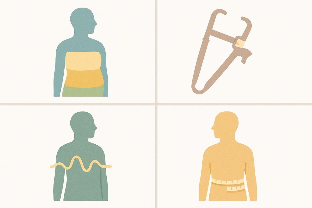 Four icons demonstrating different body fat measurement methods: top-left shows layers of fat on a torso; top-right shows a caliper; bottom-left shows a wavy line across a torso, representing bioimpedance; bottom-right shows a measuring tape around a torso.
