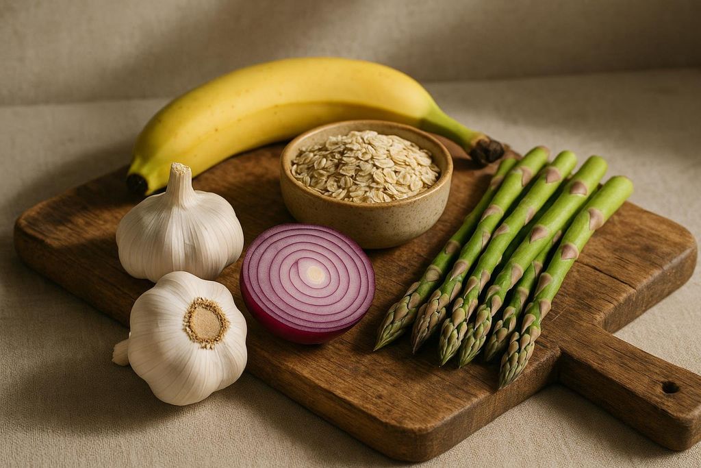 A wooden cutting board holds several prebiotic foods: two bulbs of garlic, a red onion half, a bundle of green asparagus spears, and a bowl of rolled oats. A ripe yellow banana rests behind the cutting board.