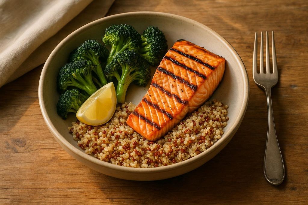 A healthy meal with grilled salmon, steamed broccoli florets, and tri-color quinoa, garnished with a fresh lemon wedge. A fork rests beside the bowl on a wooden table.