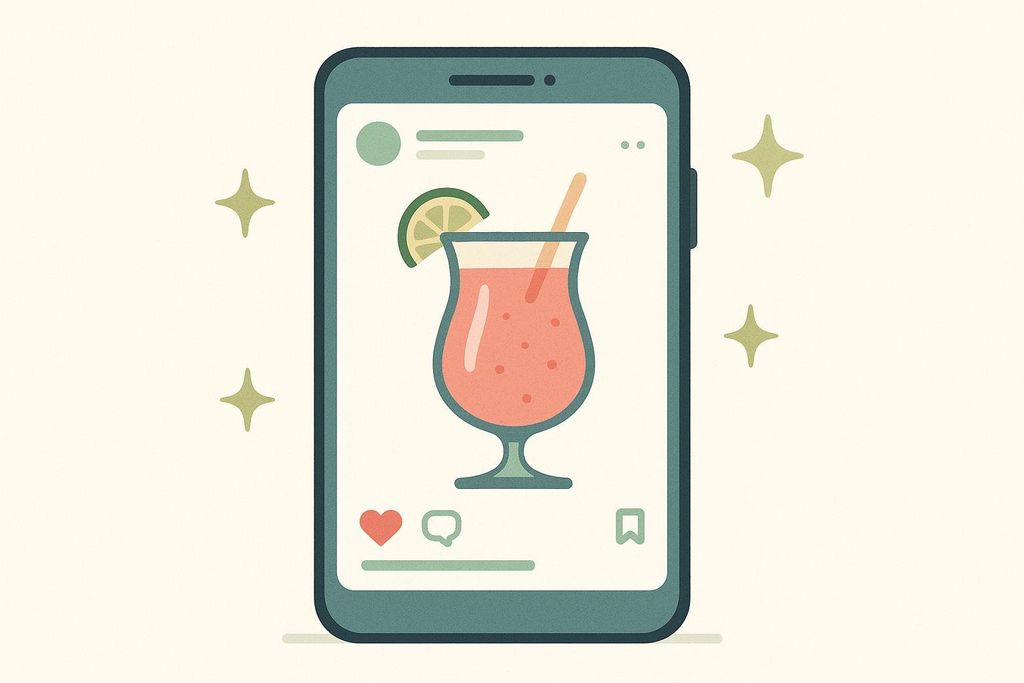 An illustration of a smartphone screen displaying a pink mocktail with a lime wedge and straw, reminiscent of a social media post with likes, comments, and a save icon below it. Four sparkling icons are visible around the smartphone.