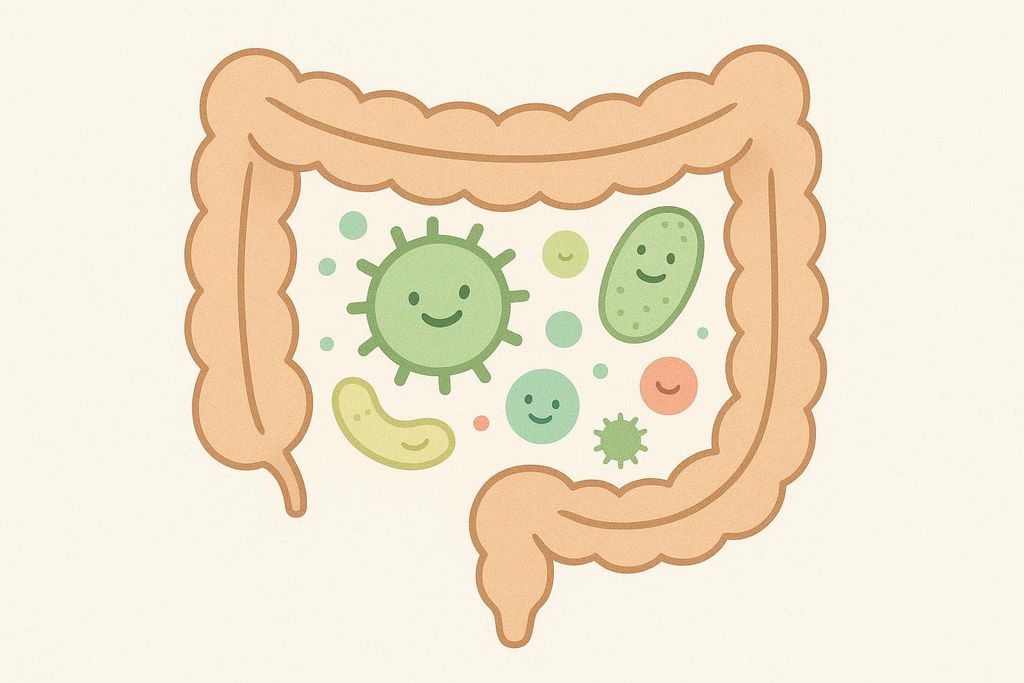 A simplified cartoon illustration of an orange gut containing various green and orange microbes with happy faces, representing healthy probiotic bacteria.