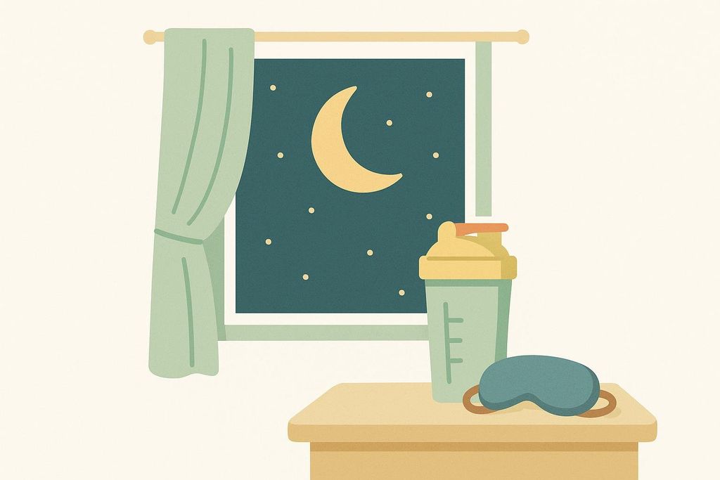 An illustration depicting a shaker bottle and a blue sleep mask resting on a nightstand. In the background, a window displays a night sky with a crescent moon and scattered stars, with light green curtains framing the window.