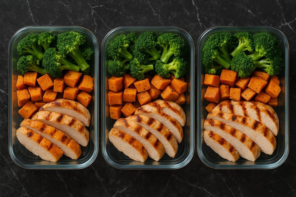 Three glass meal-prep containers holding balanced portions of grilled chicken, diced sweet potatoes, and steamed broccoli.