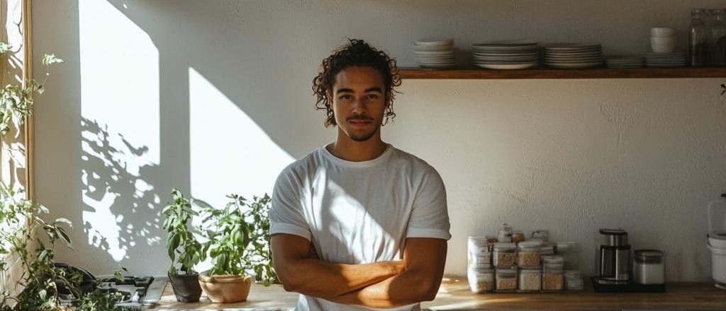 A young man with curly hair and a white t-shirt stands in a kitchen with his arms crossed, with potted plants and shelves of dishes and jars visible in the background.