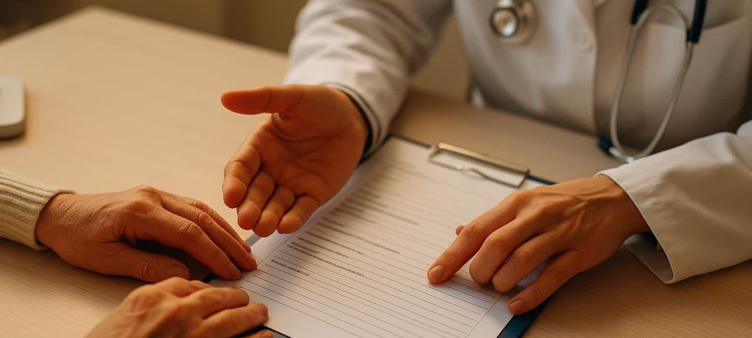 Close-up of a doctor's hand gesturing over a medical chart while an older patient's hands rest on the table, indicating a discussion about health information or a consultation.