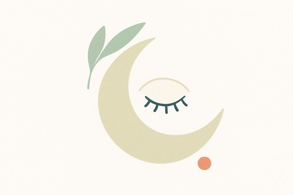 An illustration featuring a light green crescent moon with a closed eye, light green leaves above the moon, and a small orange dot below the moon, all on a light cream background.