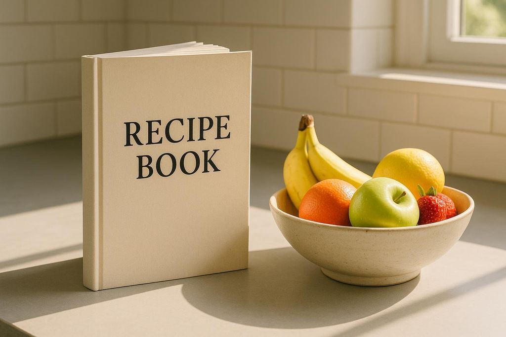 A beige recipe book stands upright next to a rustic bowl filled with fresh fruit, including bananas, an orange, a green apple, a lemon, and a strawberry, all on a light-colored kitchen counter bathed in natural light from a window in the background.