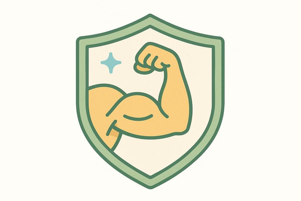 An icon depicting a bicep flexing inside a green-bordered shield, with a blue star in the upper left corner. This symbolizes muscle strength and protection.