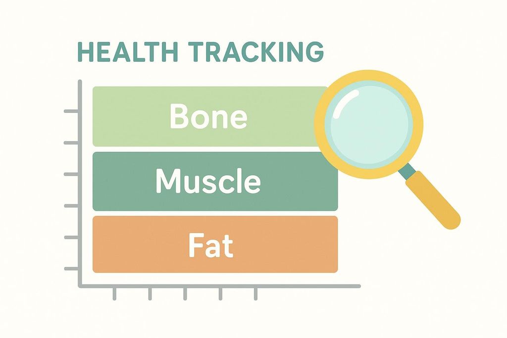 A stylized bar chart with a magnifying glass. The chart is titled 'HEALTH TRACKING' and has three colored bars labeled 'Bone' (light green), 'Muscle' (dark green), and 'Fat' (orange), implying tracking these metrics.