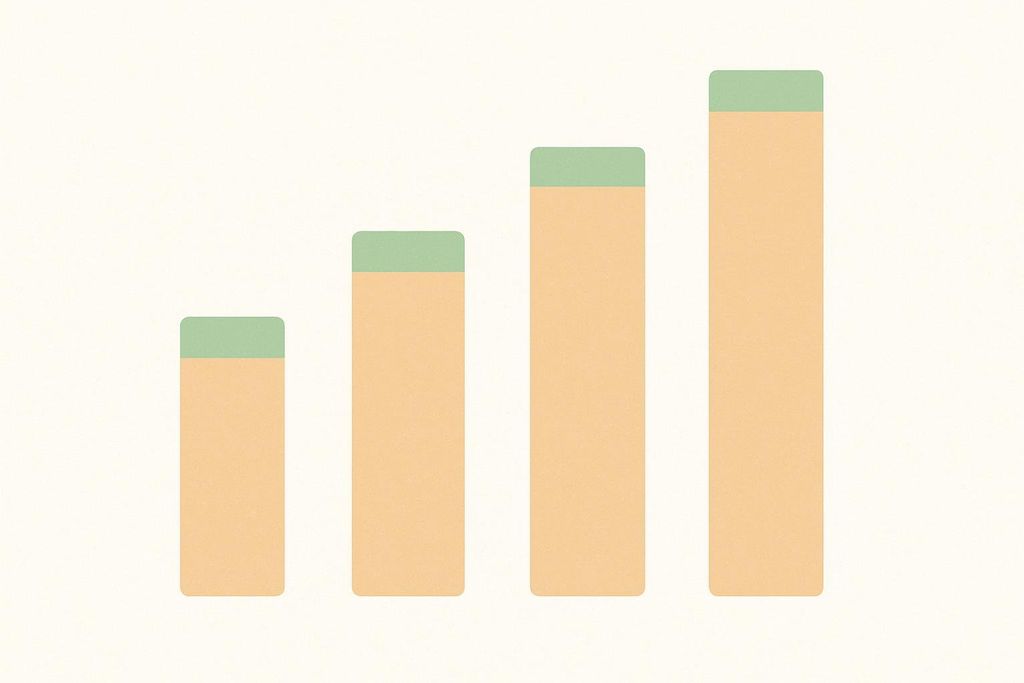 An abstract bar chart with four bars of increasing height, each composed of a larger peach-colored section below a smaller light green section. The background is off-white.