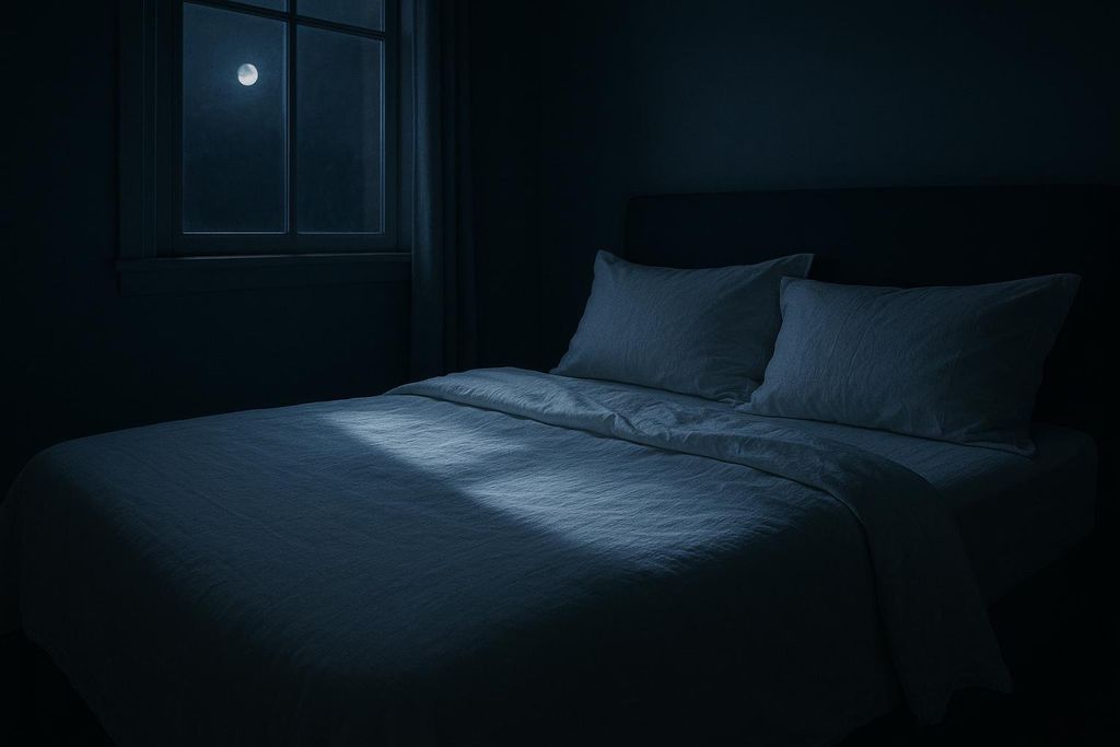 A bedroom at night, illuminated by soft moonlight streaming through a window onto a neatly made bed with white linens and pillows, suggesting a calm and peaceful atmosphere for sleep.