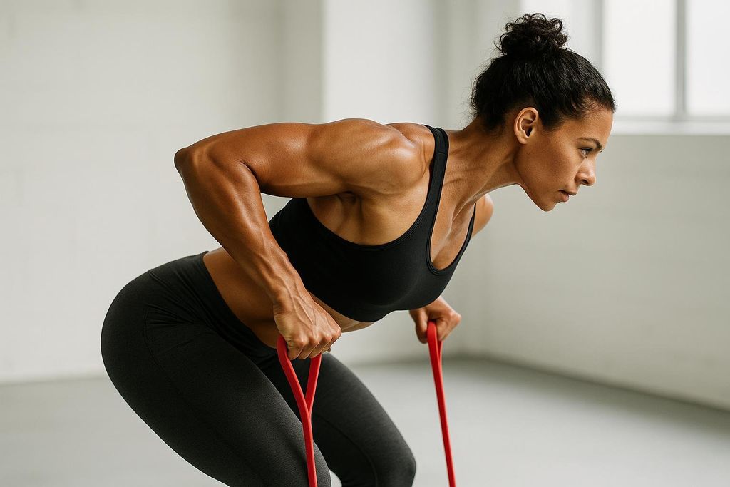 A fit woman with her hair in a bun wears a black sports bra and dark leggings while performing a resistance band row. She holds a red resistance band and leans forward with good posture, engaging her back muscles.