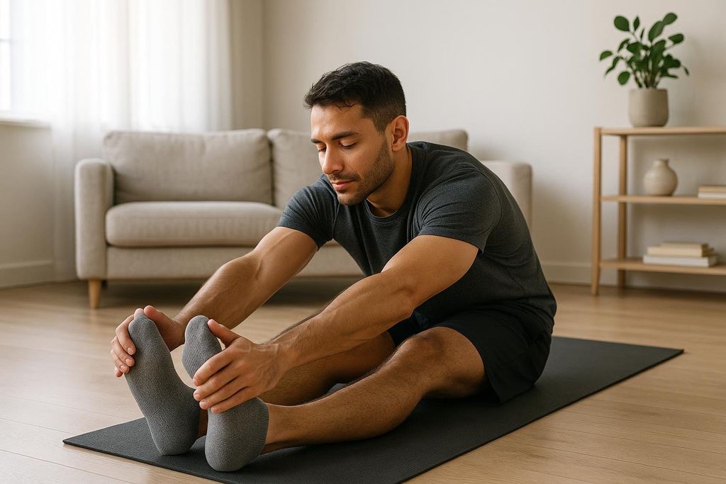 A man stretching gently in a sunlit room as part of an active recovery day, seated on a yoga mat with hands reaching towards his feet.