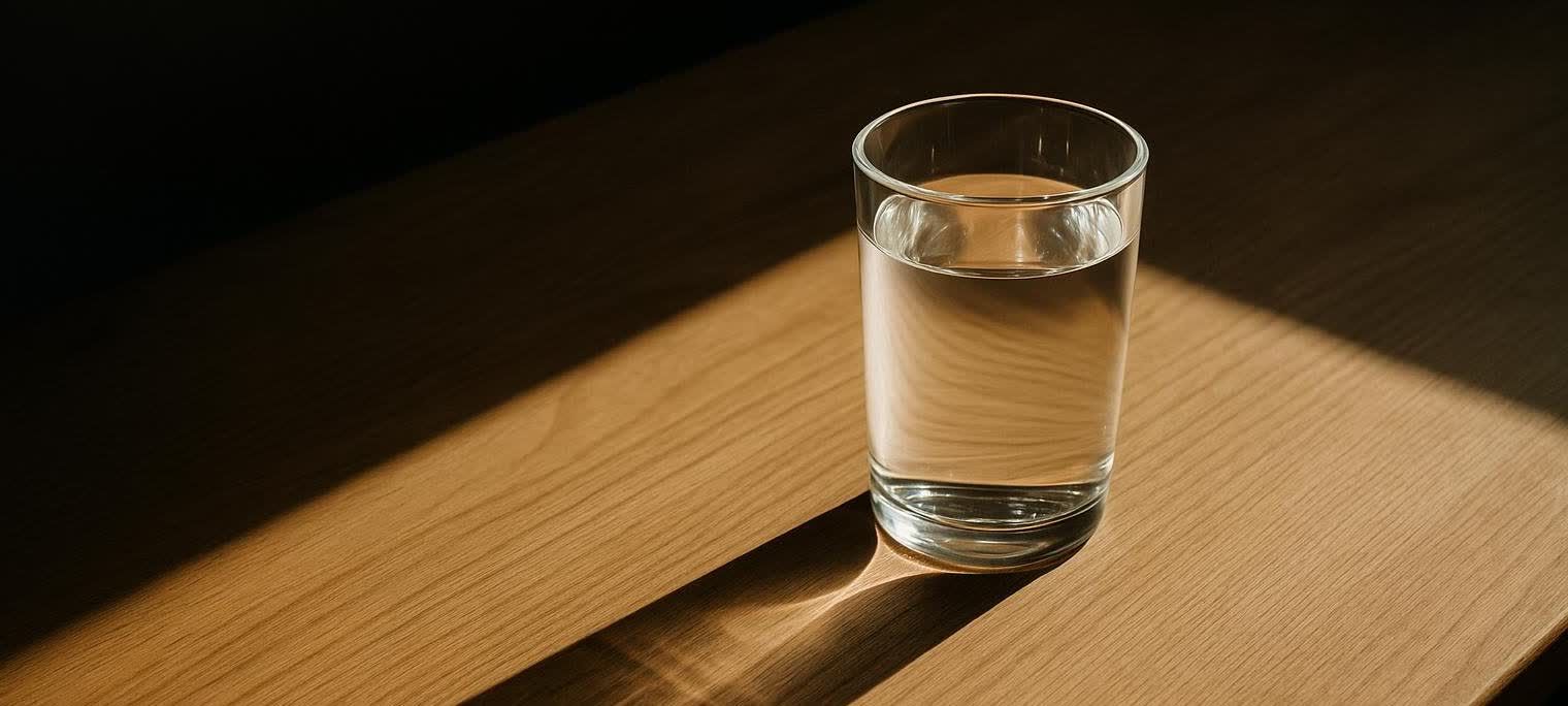 A clear glass of water sits on a wooden table, partially illuminated by a diagonal beam of sunlight. The rest of the table is in shadow.