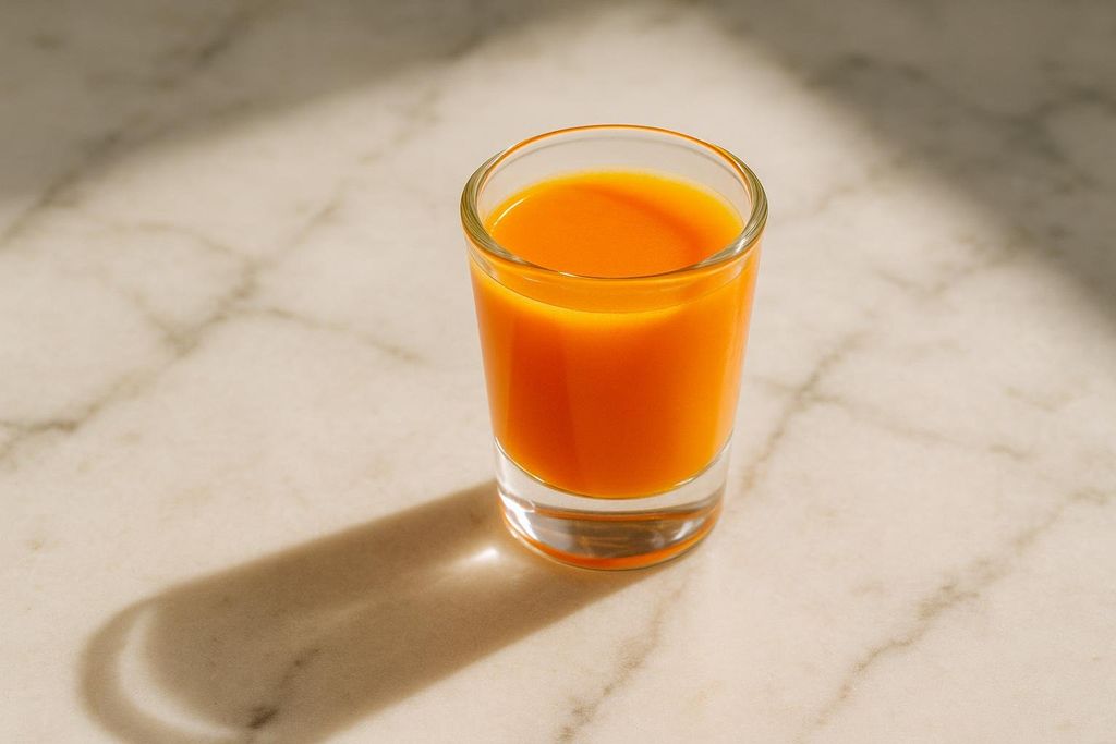 A fresh orange wellness shot in a small glass on a white marble counter, with sunlight casting shadows across the surface.