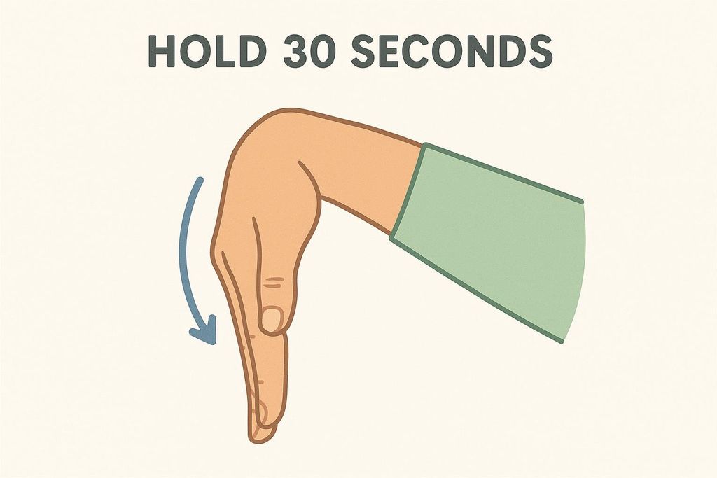 Illustration of a hand performing a wrist flexor stretch. The hand is extended forward with the palm facing down, and the fingers are pointed downwards, indicating the stretch. Text above reads 'HOLD 30 SECONDS'.