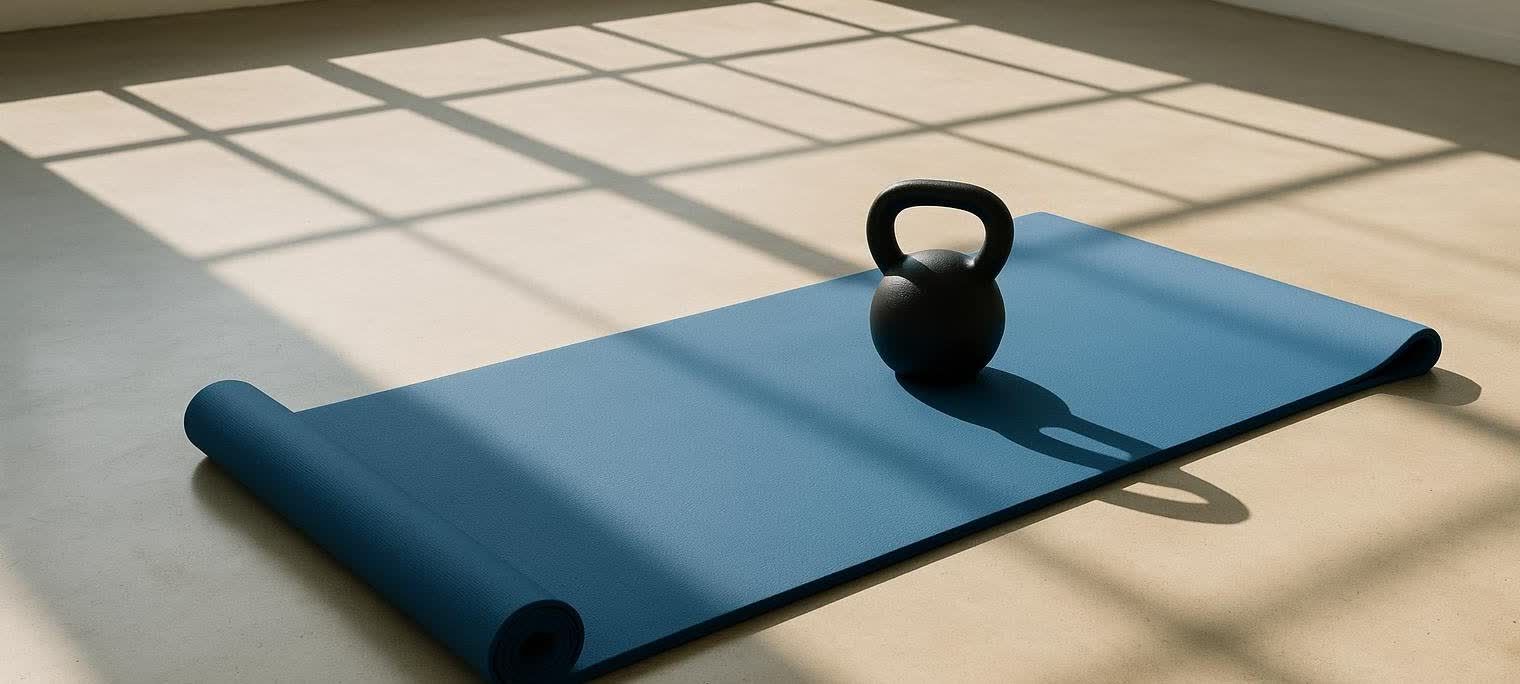 A black kettlebell sits on a blue exercise mat in a sunlit room, with window shadows casting grids across the floor and mat.