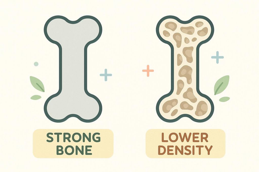 Illustration comparing a strong, dense bone on the left with a lower density bone on the right, labeled 'Strong Bone' and 'Lower Density'.