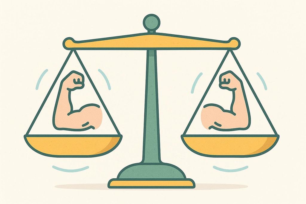 An illustration of a balance scale with a flexing arm in each pan, representing balanced strength or the comparison of strength.