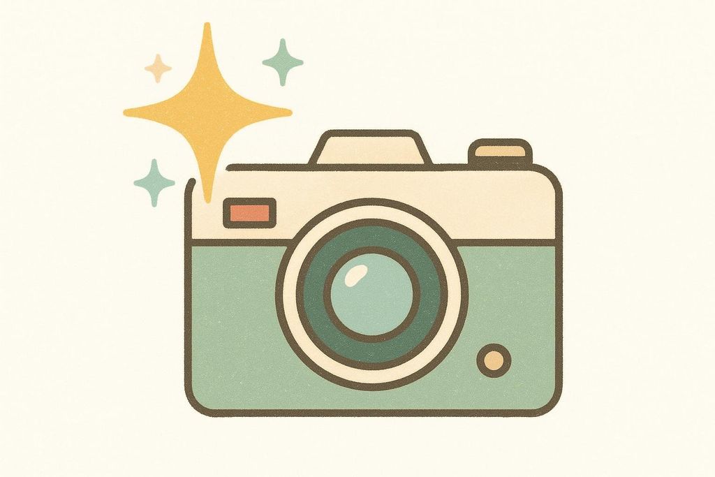 A stylized, retro-look camera icon in cream and teal, with a yellow sparkle radiating from the top left corner. The image evokes a feeling of capturing happy memories or progress.