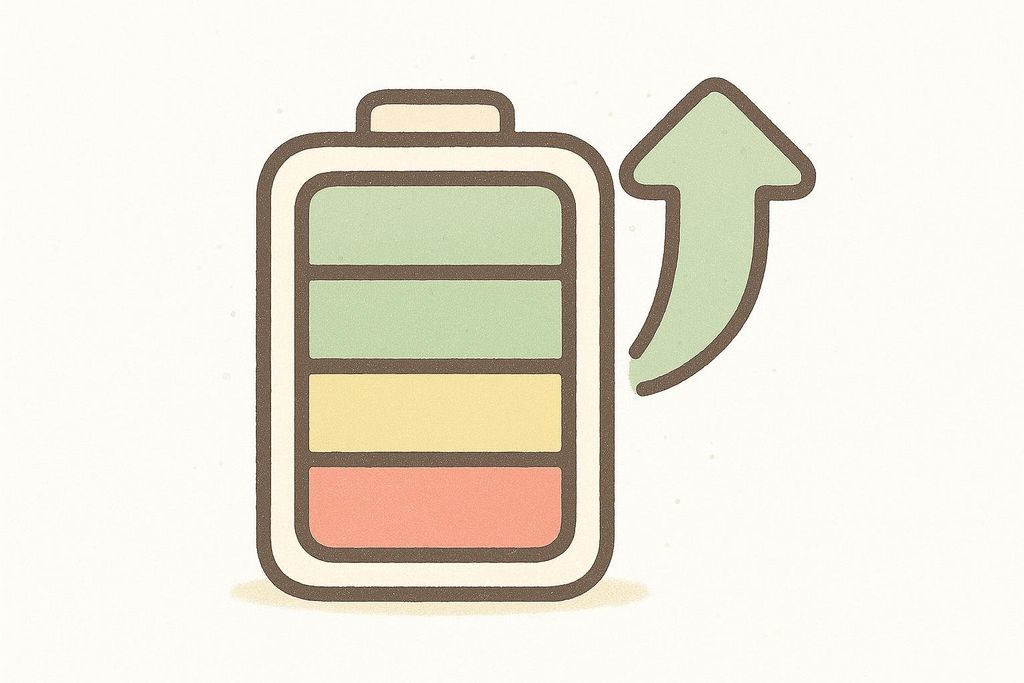 Illustration of a battery charging up with an arrow pointing upwards, representing increased energy.