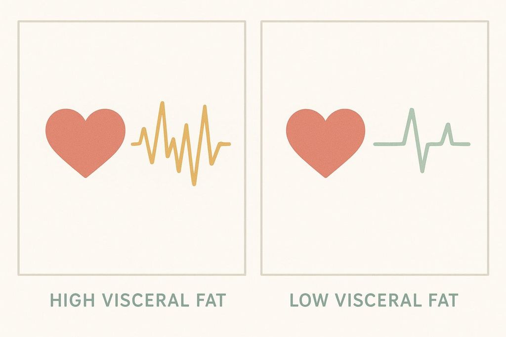 An illustration comparing the cardiometabolic impact of high vs. low visceral fat levels. The 'High Visceral Fat' section shows a red heart next to a chaotic yellow heartbeat line. The 'Low Visceral Fat' section shows a red heart next to a calm green heartbeat line.