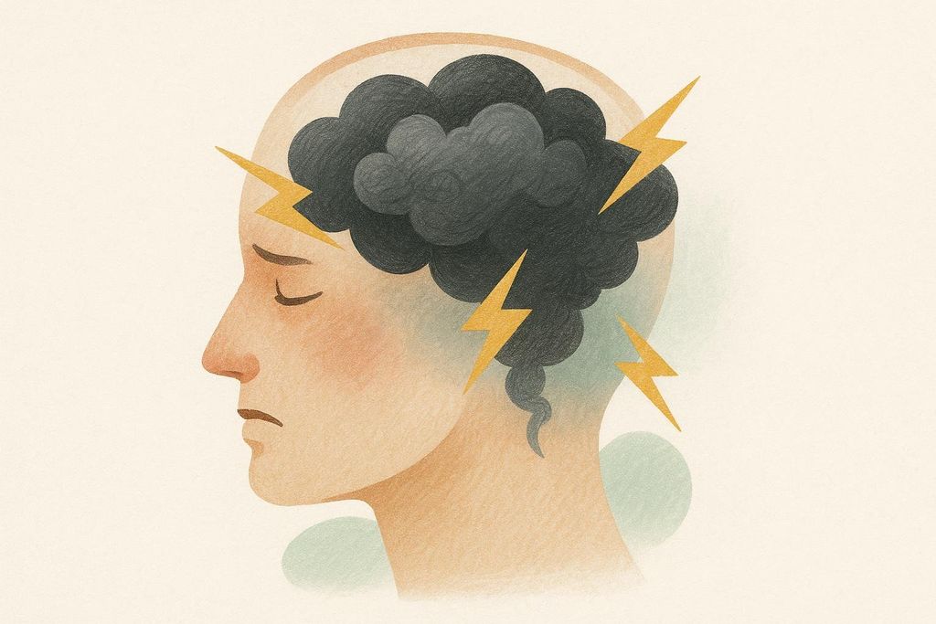 An illustration of a person's head in profile with a dark storm cloud inside, indicating mental distress or headache, with yellow lightning bolts hitting around the head. The person's eyes are closed, showing discomfort.