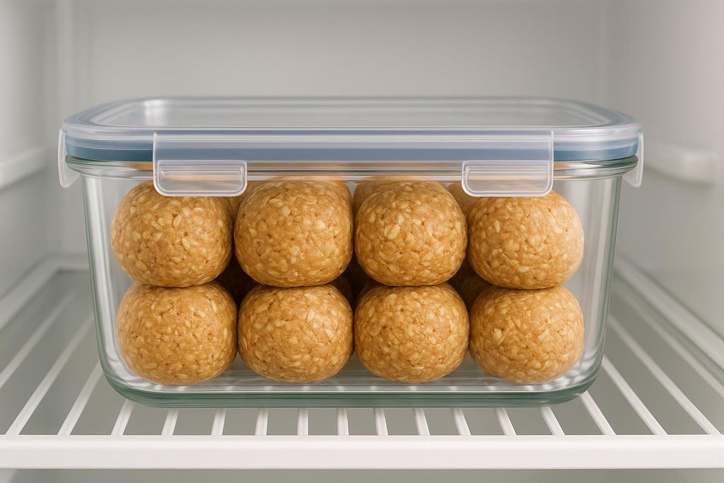 Protein balls, likely oatmeal or peanut butter, stored in a clear glass container with a plastic lid inside a refrigerator. The balls are arranged in two layers.