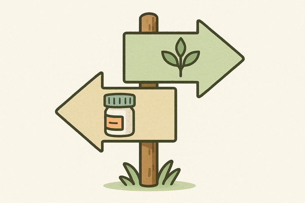 An illustration of a wooden signpost with two arrows. The left arrow points to a bottle of pills, representing medication. The right arrow points to a small plant with three leaves, symbolizing natural or plant-based options. The sign implies a choice between two paths for treatment or wellness.