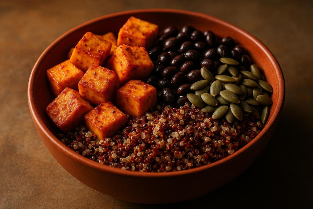 A close-up of a high-protein plant-based meal bowl featuring perfectly cubed, seasoned tofu, dark black beans, vibrant green pumpkin seeds, and a colorful mix of quinoa, all served in an earthy terracotta bowl.