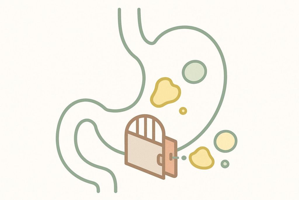 A simplified diagram of a stomach with a partially closed gate at the exit, illustrating how GLP-1 agonists slow stomach emptying to reduce appetite.