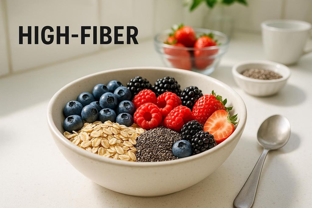 A breakfast bowl with oats, chia seeds, blueberries, raspberries, blackberries, and strawberries, with the text 'HIGH-FIBER' overlaid on the image.