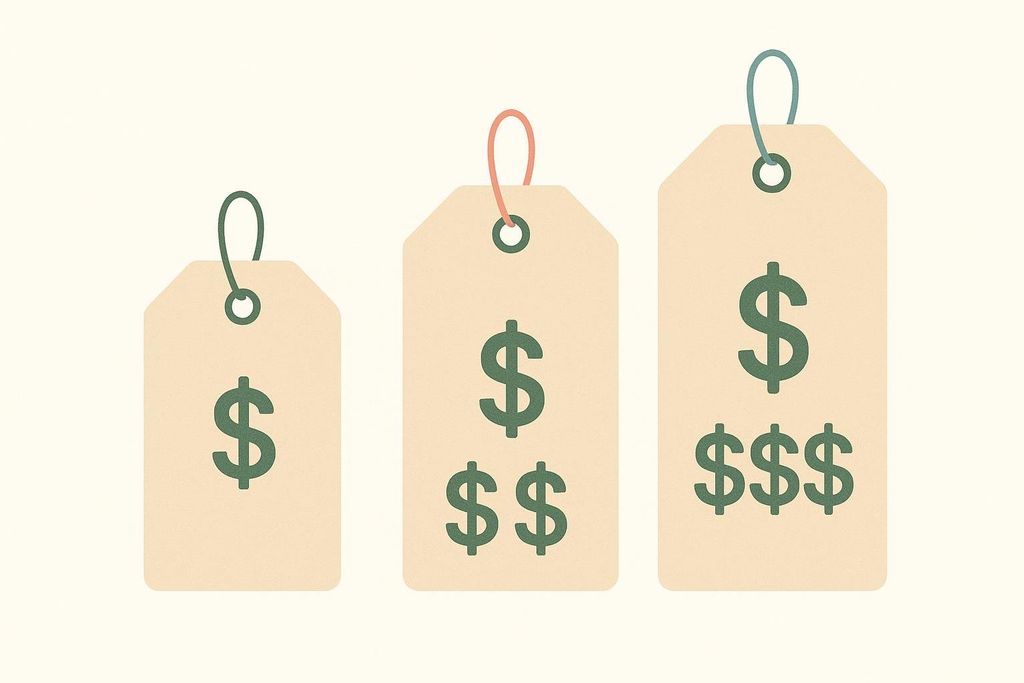 Illustration of three ascending price tags, each showing a different number of dollar signs, symbolizing various cost levels or packages.