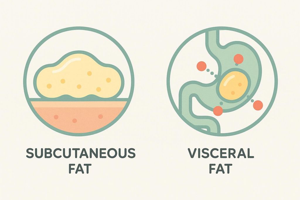 Two icons illustrating the difference between subcutaneous fat and visceral fat. The first icon shows subcutaneous fat as a surface layer, and the second icon depicts visceral fat surrounding internal organs.