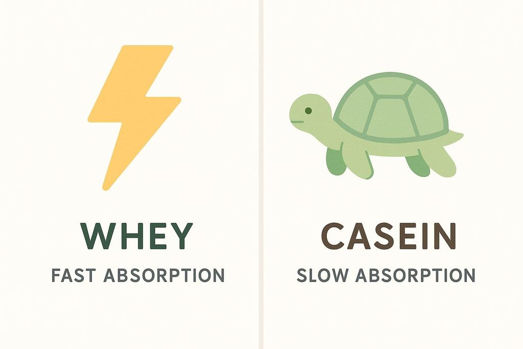 Illustration comparing whey protein digestion (fast, represented by a lightning bolt) to casein protein digestion (slow, represented by a turtle). Underneath each, 'Whey Fast Absorption' and 'Casein Slow Absorption' are written respectively.