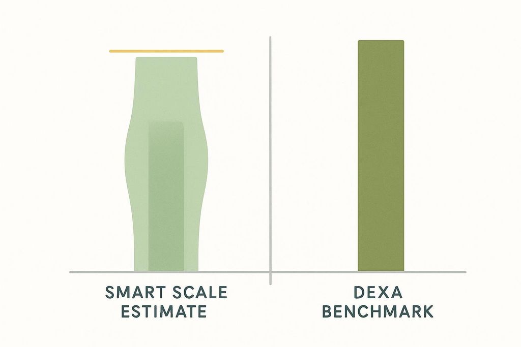 Illustration comparing the wider error margin of a smart scale estimate to a precise DEXA benchmark bar graph.
