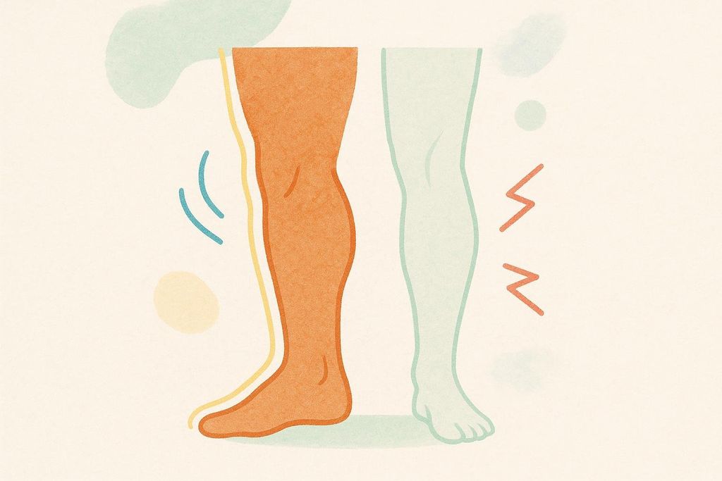 An illustration showing two legs, one strong and vibrant, the other faded and lighter, with jagged red lines suggesting pain or weakness. This depicts a muscle imbalance between the two sides of the body.