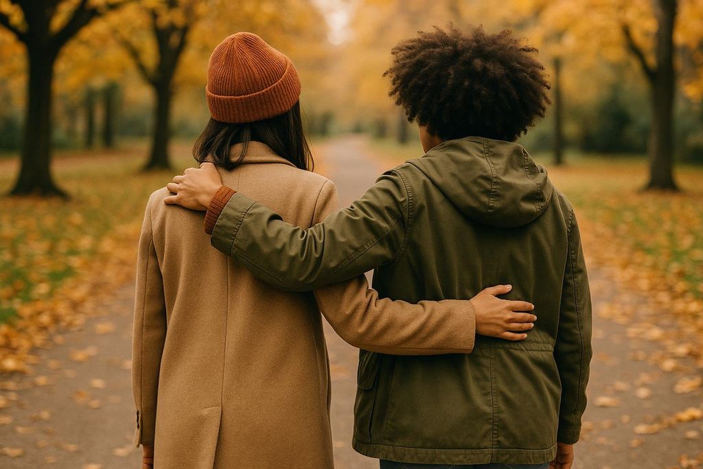 Two figures seen from behind, walking arm in arm down an autumn path lined with trees. The leaves on the trees and ground are a vibrant yellow and orange. One person wears a brown coat and an orange beanie, and the other wears a green jacket with their arm around the first person's shoulder.