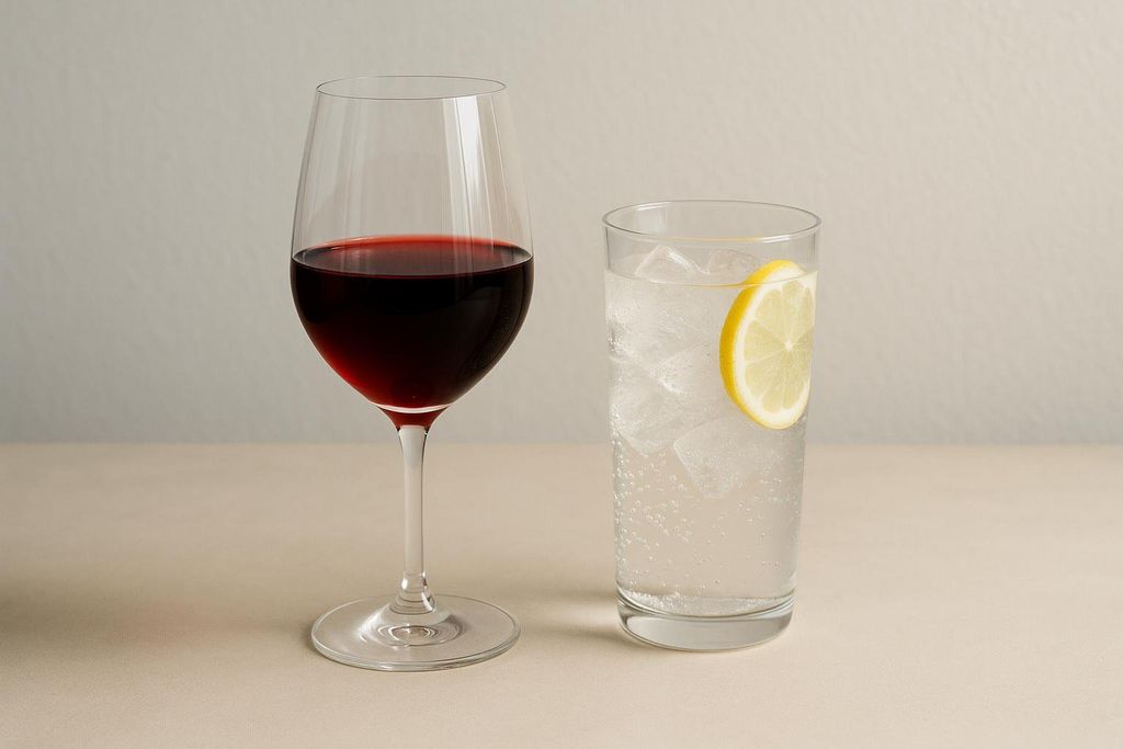 A glass of red wine next to a tall glass of sparkling water with ice and a lemon wedge, illustrating moderation in alcohol consumption.