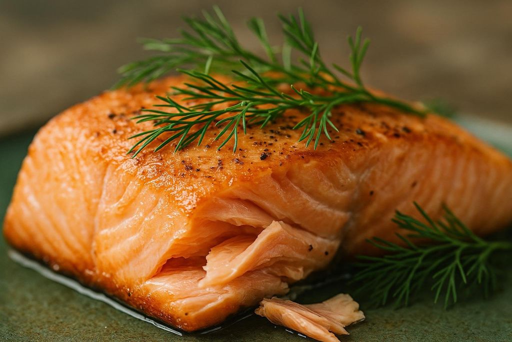Close-up on a flaky piece of cooked salmon, seasoned with pepper and garnished with fresh dill. A small portion of the fish is flaked away, revealing its tender, moist interior.