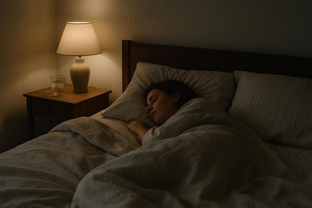A person sleeps peacefully under a blanket and on a pillow in a dark bedroom. A lamp and a glass of water are on a nightstand beside the bed.