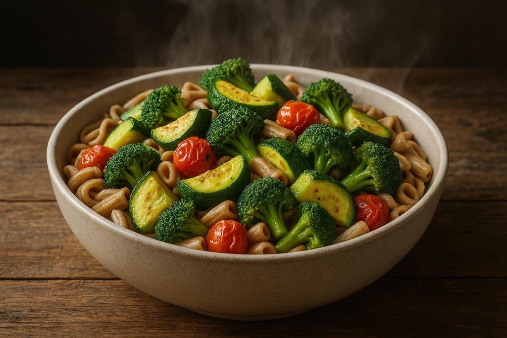 A close-up shot of a steaming bowl filled with whole wheat pasta, topped with an abundance of roasted broccoli florets, zucchini slices, and cherry tomatoes. The vegetables show slight charring, suggesting they are roasted, and small wisps of steam rise from the bowl.