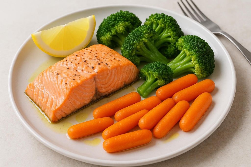 A close-up view of a cooked salmon fillet with a wedge of lemon, broccoli florets, and baby carrots on a white plate. A silver fork is visible in the background.