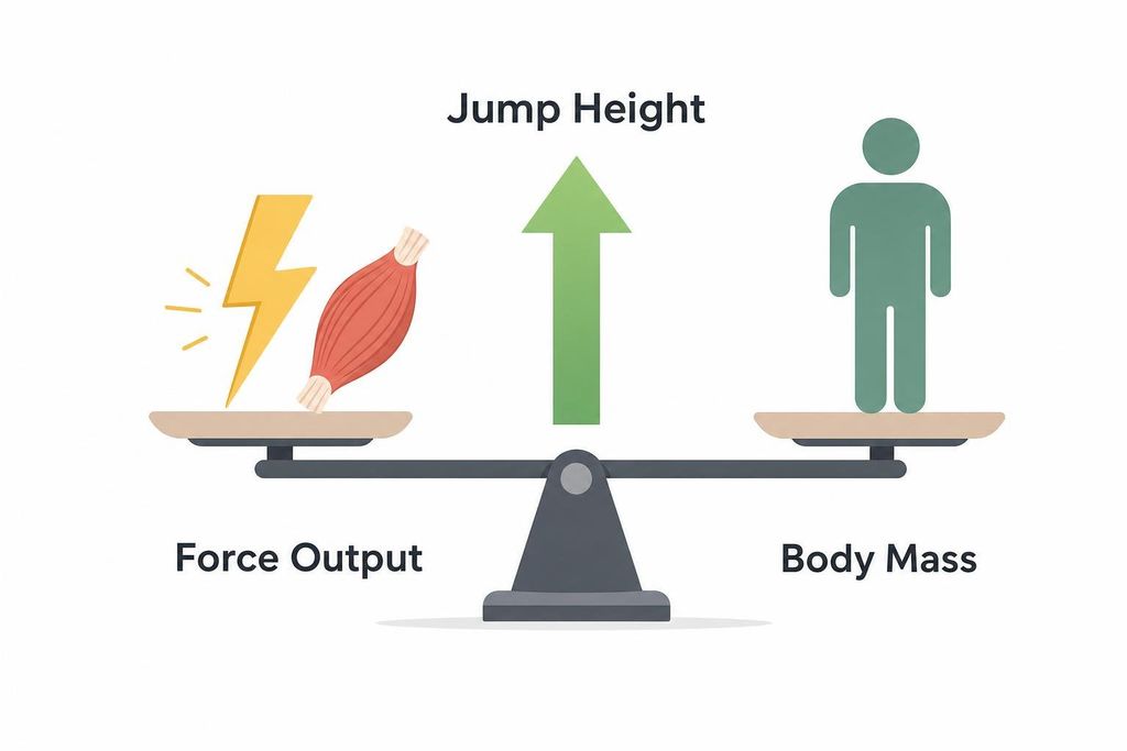 A conceptual diagram using a scale to show the relationship between force output, body mass, and jump height. On the left side of the scale, labeled 'Force Output', are a lightning bolt and a muscle, indicating greater force. On the right, labeled 'Body Mass', is a stylized human figure. A green arrow points upwards from the center of the scale, labeled 'Jump Height', illustrating that jump height is determined by the balance between these two factors.