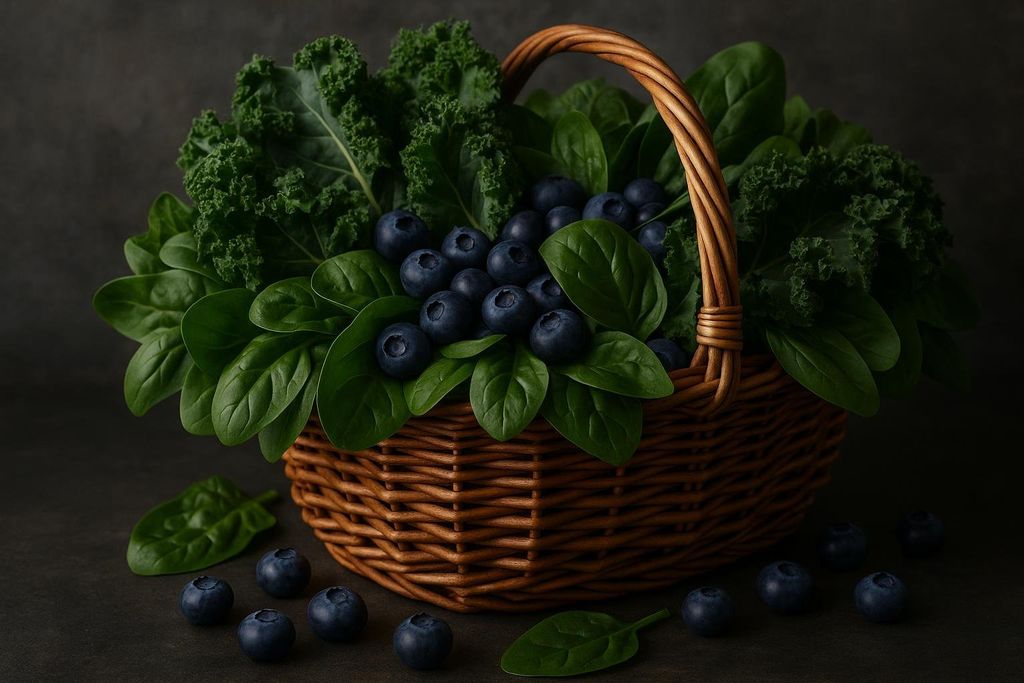 A rustic wicker basket overflowing with fresh green kale and spinach leaves, topped with a generous scattering of ripe, dark blue blueberries. Additional blueberries and some spinach leaves are scattered on the dark surface in front of the basket.