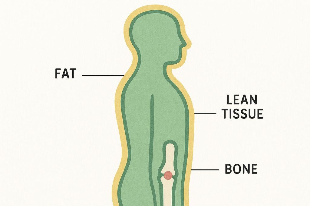 Stylized illustration of human body composition, showing layers representing fat, lean tissue, and bone.