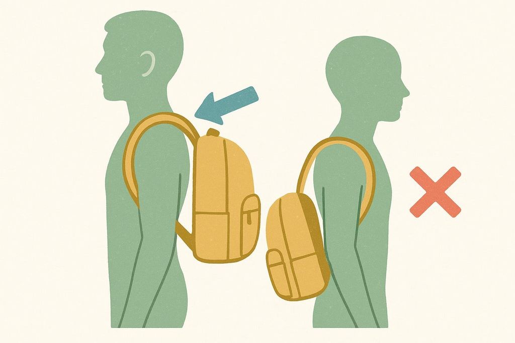 Illustration showing the correct placement of a rucksack high on the back and an incorrect placement too low on the back.