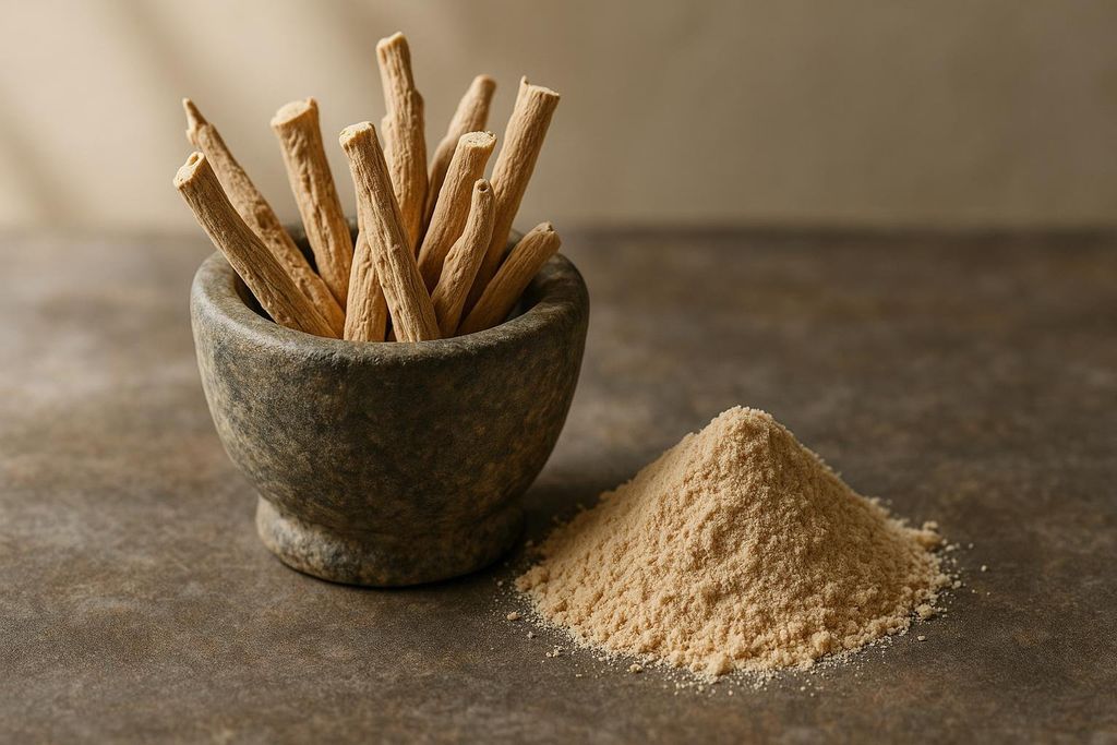 Dried Ashwagandha root sticks standing upright in a rustic stone mortar next to a small pile of fine ashwagandha powder, all on a dark, textured surface.
