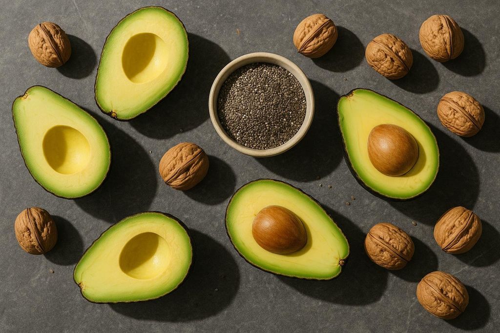 An overhead shot of fresh avocados, whole walnuts, and a small bowl of chia seeds arranged on a dark gray slate surface, with notable shadows.