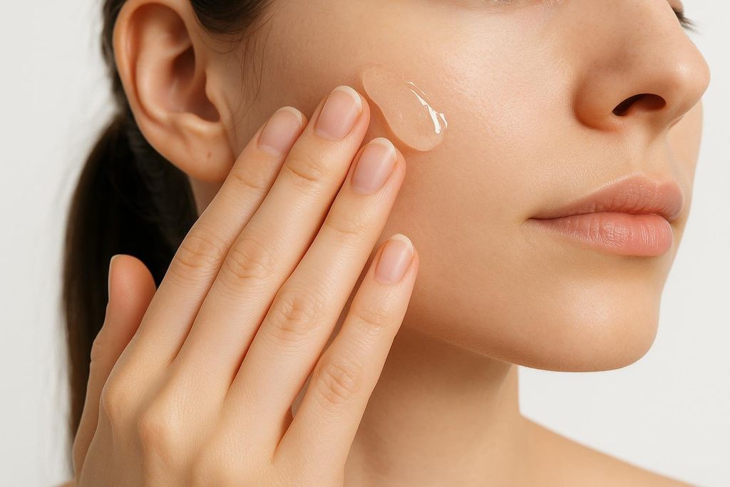 A close-up of a person's hand applying a translucent, clear gel to their cheek, demonstrating topical skin care application.